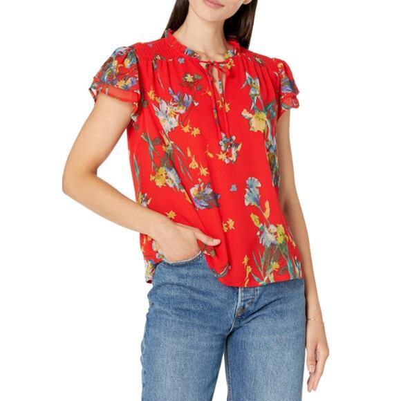 CeCe Tops - CeCe Women's Fiery Red Island Oasis Floral Tie Neck Blouse Top Size Large